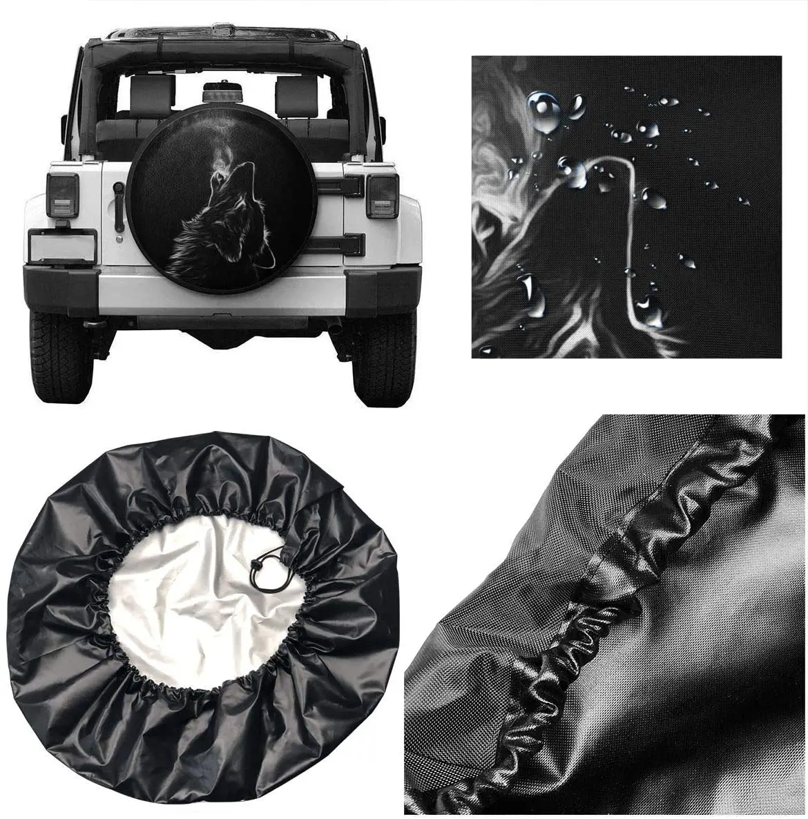Zwarte 3d wolf reserveband hoes waterdichte stofdichte zonnewielbandenhoes voor jeep, aanhangwagen, rv, SUV voertuig anime bandenhoes