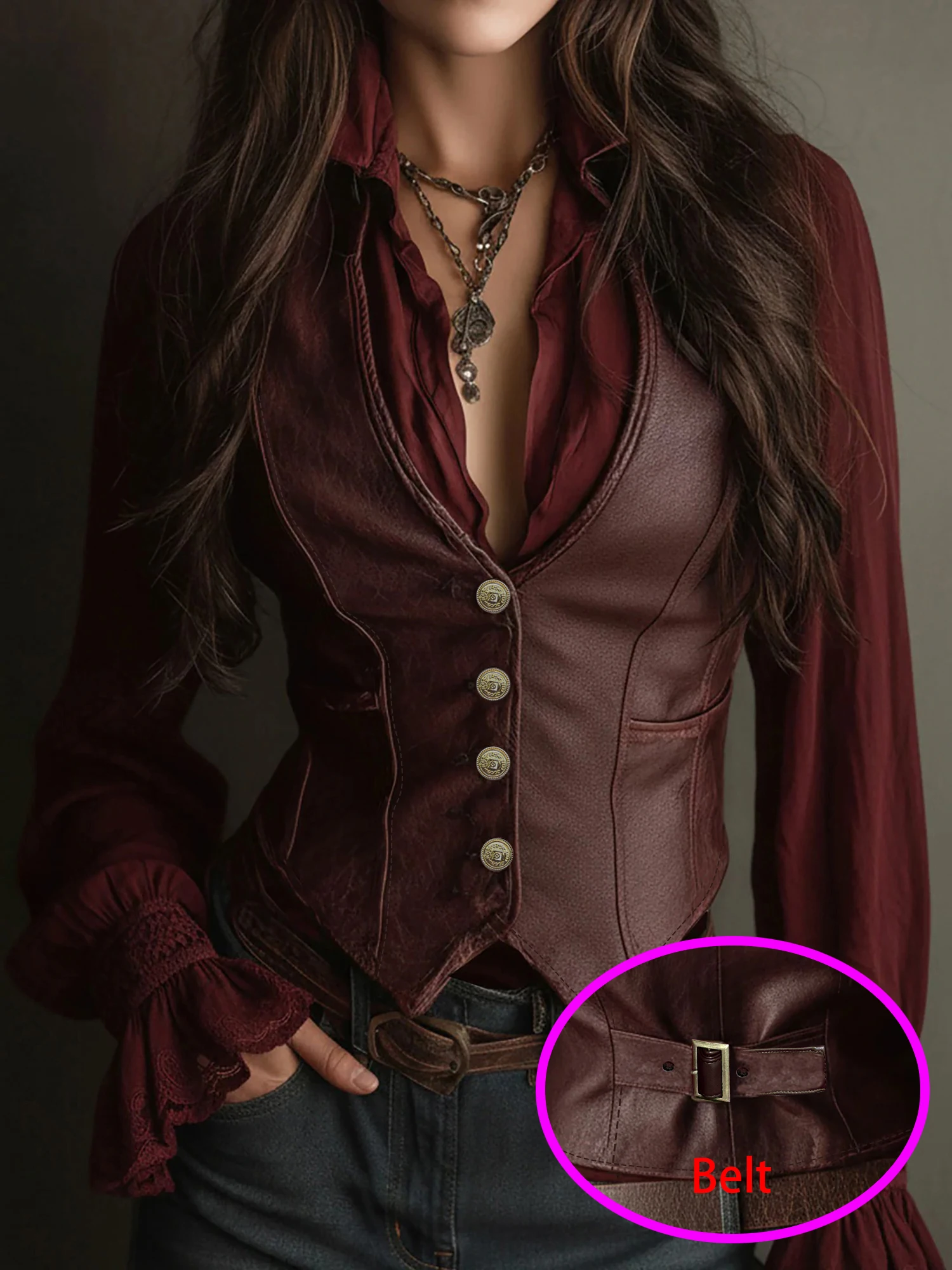 سترة نسائية من الجلد الصناعي المطاطي مع حزام وجيوب - قطع علوية نحيفة ذات صدر واحد ذهبية اللون ورقبة على شكل حرف V، مرنة ومريحة #1