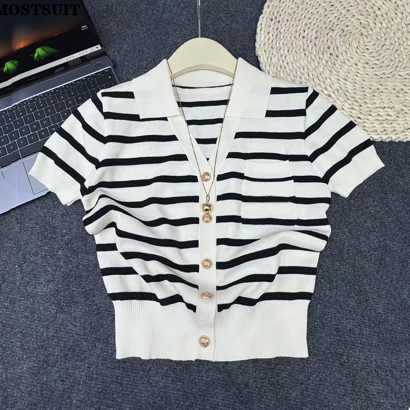 2025 verão listrado camisola de malha cardigan feminino manga curta único breasted malhas topos moda vintage casual solto jumpers