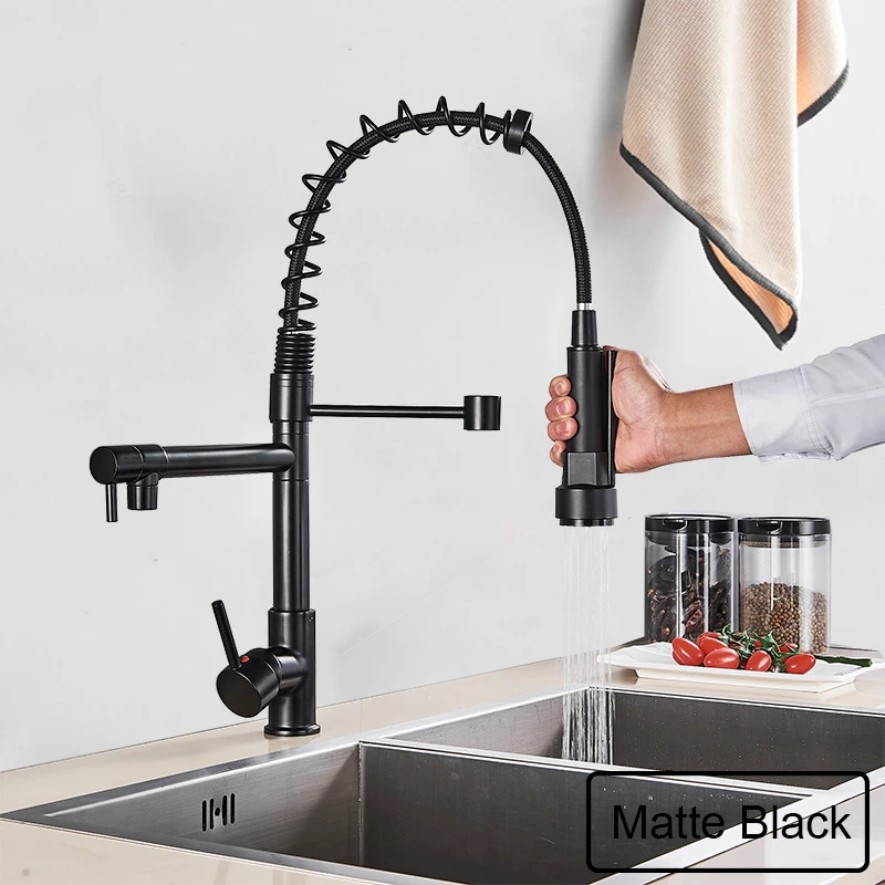 

Black Pull Down Brass Kitchen Sink Faucet Hot Cold Water Mixer Crane Tap with Dual Spout 360 Rotation High Faucet Deck Mounted