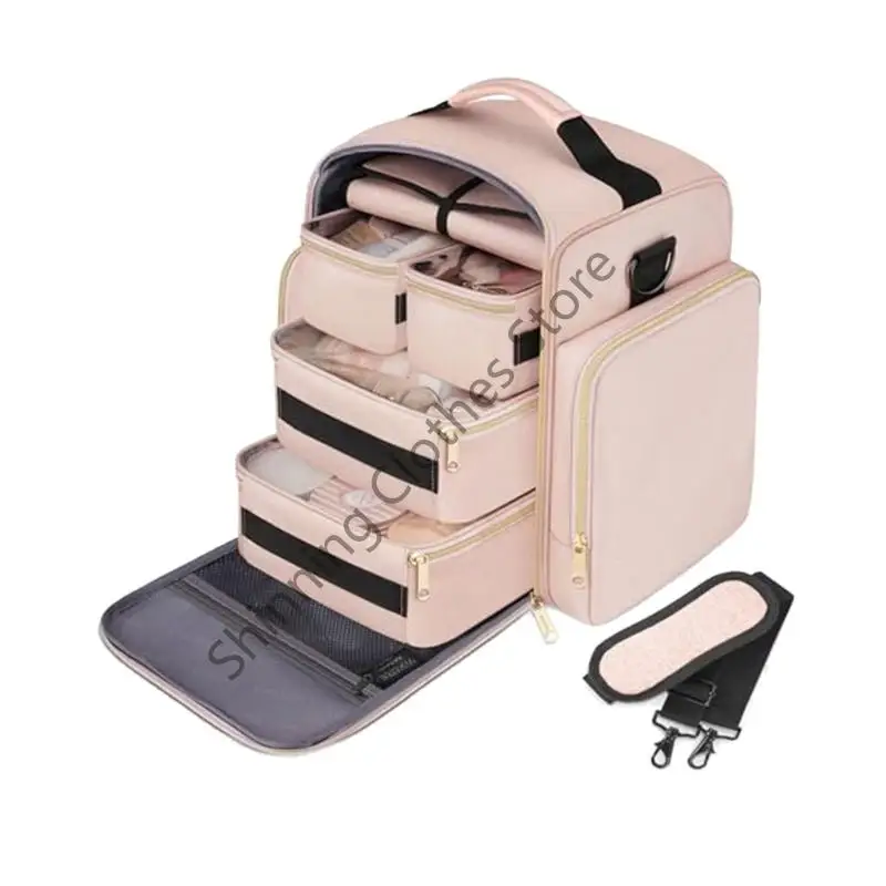 

M68A Large Capacity Travel Makeup Bag with 4 Detachable Boxes Waterproof Practical Polyester Cosmetic Storage Case