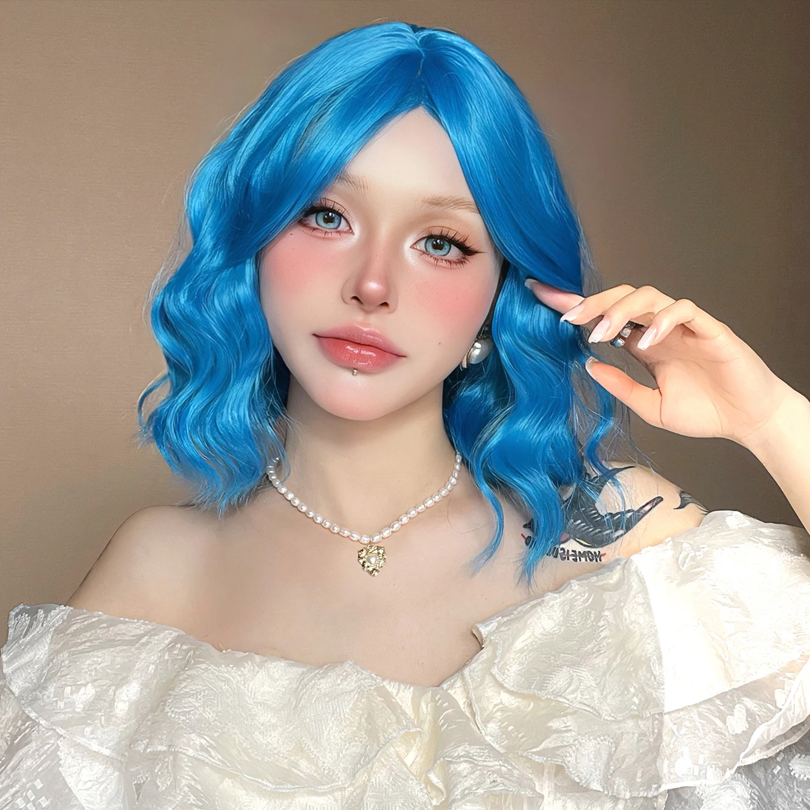 12 Inch Ladies Girls Highlight Short Curly Wig 220g Synthetic Halloween Dress Up Wig Elf Blue Figure Eight Wig Cosplay Party Wig