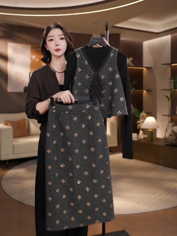 

Блестящий комплект из жилета и юбки с пайетками, без рукавов, с V-образным вырезом, базовый слой, утягивающий, из трех предметов, модный ретро-стиль для женщин