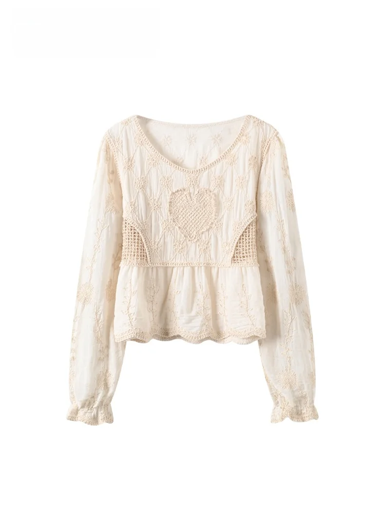 

plus Size Women's Long Sleeve Hollow out Fashionable Versatile Top Early Spring New Style Cotton Knitted round Neck Shirt