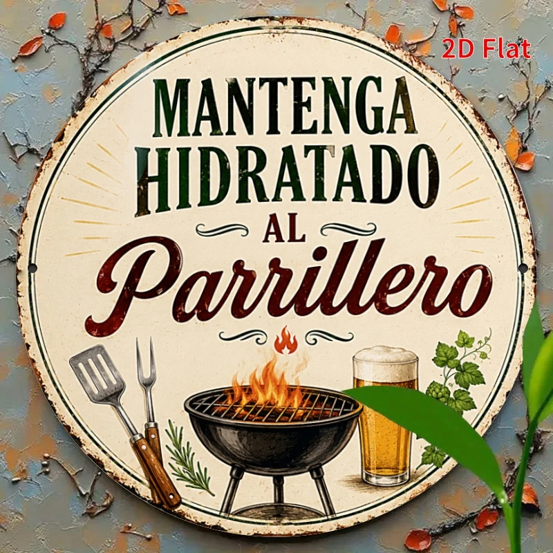2D Flat, Decorative Sign 2D Flat - [2Dflat], 1pc 19.99X19.99cm- Keep The Griller Hydrated Decorative Signs, Spanish BBQ Grill Be