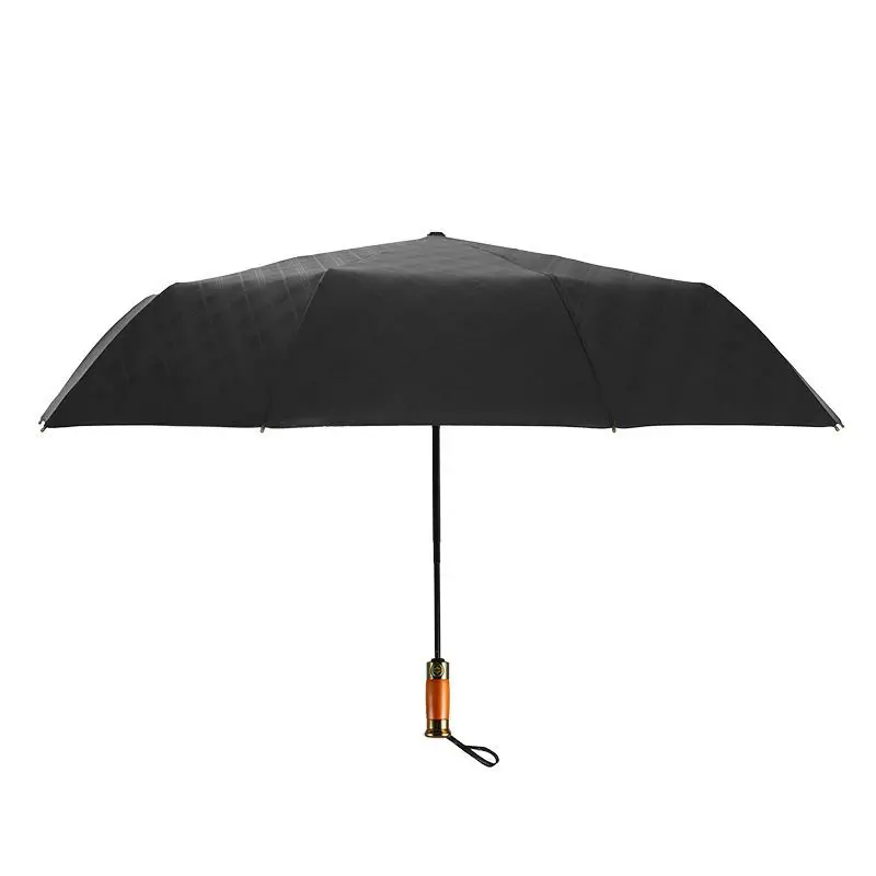 Triple fold fully automatic 10 bone grid pattern umbrella, automatic wooden handle wind resistant and sunny umbrella