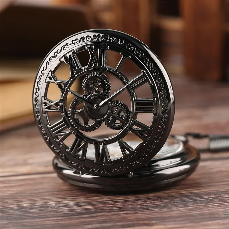 Steampunk Full Black Pocket Watch Unisex Skeleton Handwinding Mechanical Watches with Pendant Chain Roman Number Clock Gift