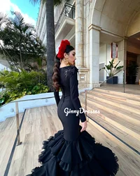 Customized Vestidos De Fiesta Dia Mermaid V-Neck Sweep Train Evening Dress Ruffle Long Sleeves Zipper Up Dresses For Special