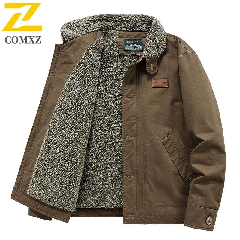COMXZ Lamb Wool Coat Men Winter Thickened Fur Collar Fleece Lined Workwear Pilot Jacket Cotton Coat Lamb Fleece waterproof  Top