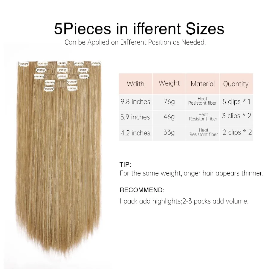 Hair Extensions Clip Ins 26 Inch Long Synthetic Straight Invisible Extension 5PCS Soft and Natural Fake Cheap Clips on Hairpiec