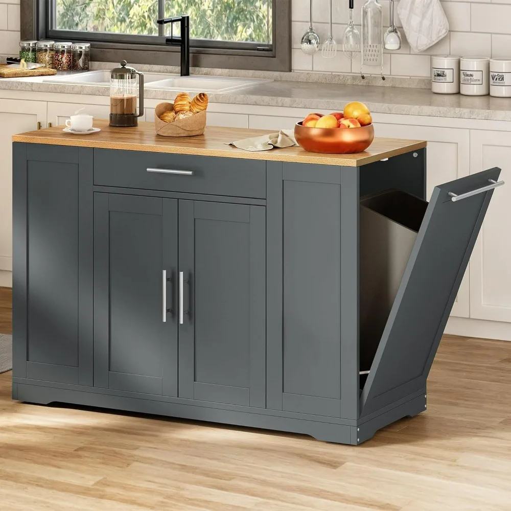 

53 inch Large Rolling Kitchen Island with Can Storage Cabinet, Portable Mobile Islands Table Long Floating Movable