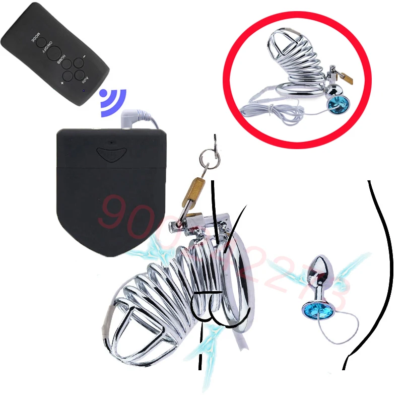 Taser Electro Shock Metal Cock Cage Sex Ball Stretcher Penis Lock Ring Electrical E-Stim Anal Butt Plug SM Male Chastity Toy Kit