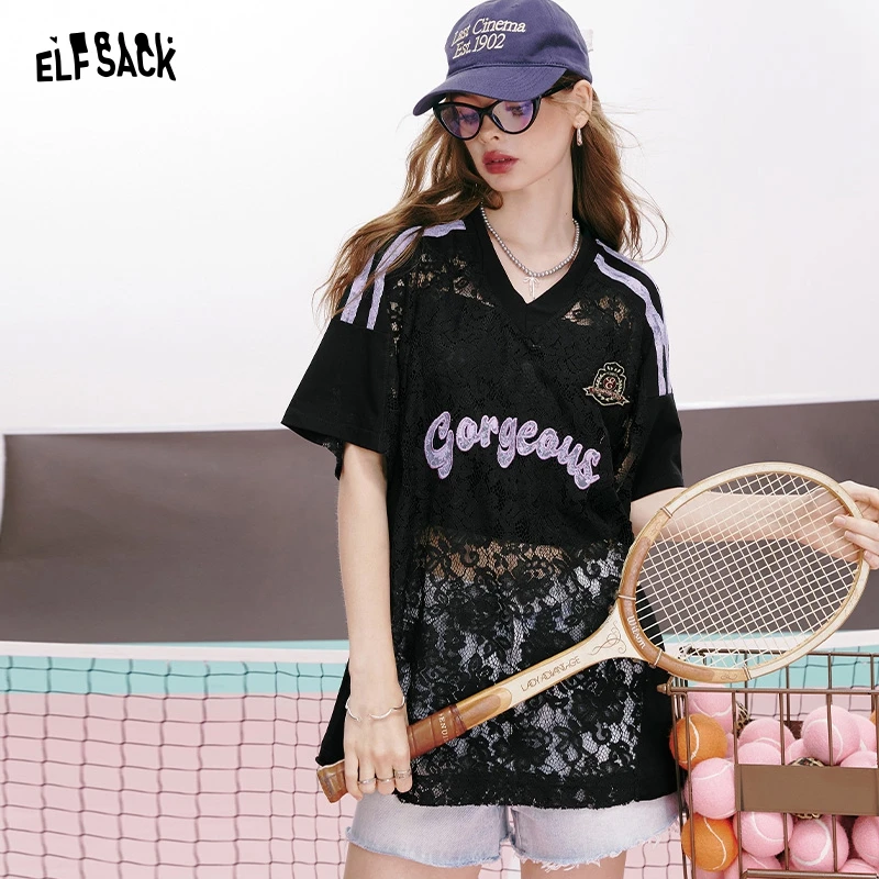 

ELFSACK 2024 summer new arrival College style sweet cool lace hollow v-neck loose black short-sleeved T-shirt for women