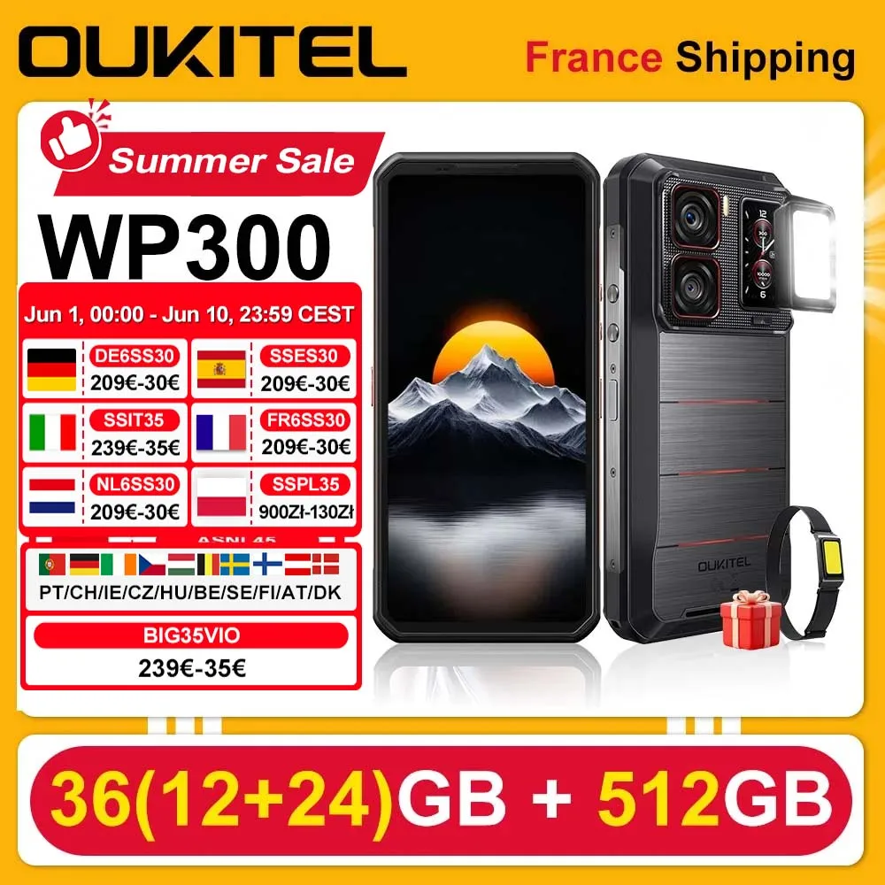 OUKITEL WP300 Smartphone 36(12 + 24)GB 512GB Android 15 6.8 "FHD + 120Hz 5G 108MP 16000mAh 45W Camping lumière téléphones montres intelligentes