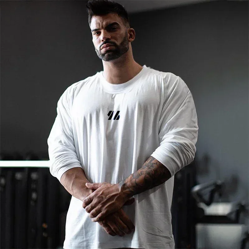 

Autumn Winter Oversized Running Long Sleeve T-Shirts Mens Cotton Loose Streetwear Fitness Gym Clothing Workout Tee piinting T