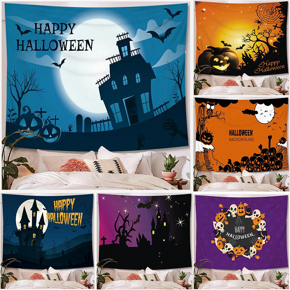 Horror Pumpkin Castle Halloween Series Printed Tapestry Home Living Room Bedroom Wall Decoration Background Fabric 