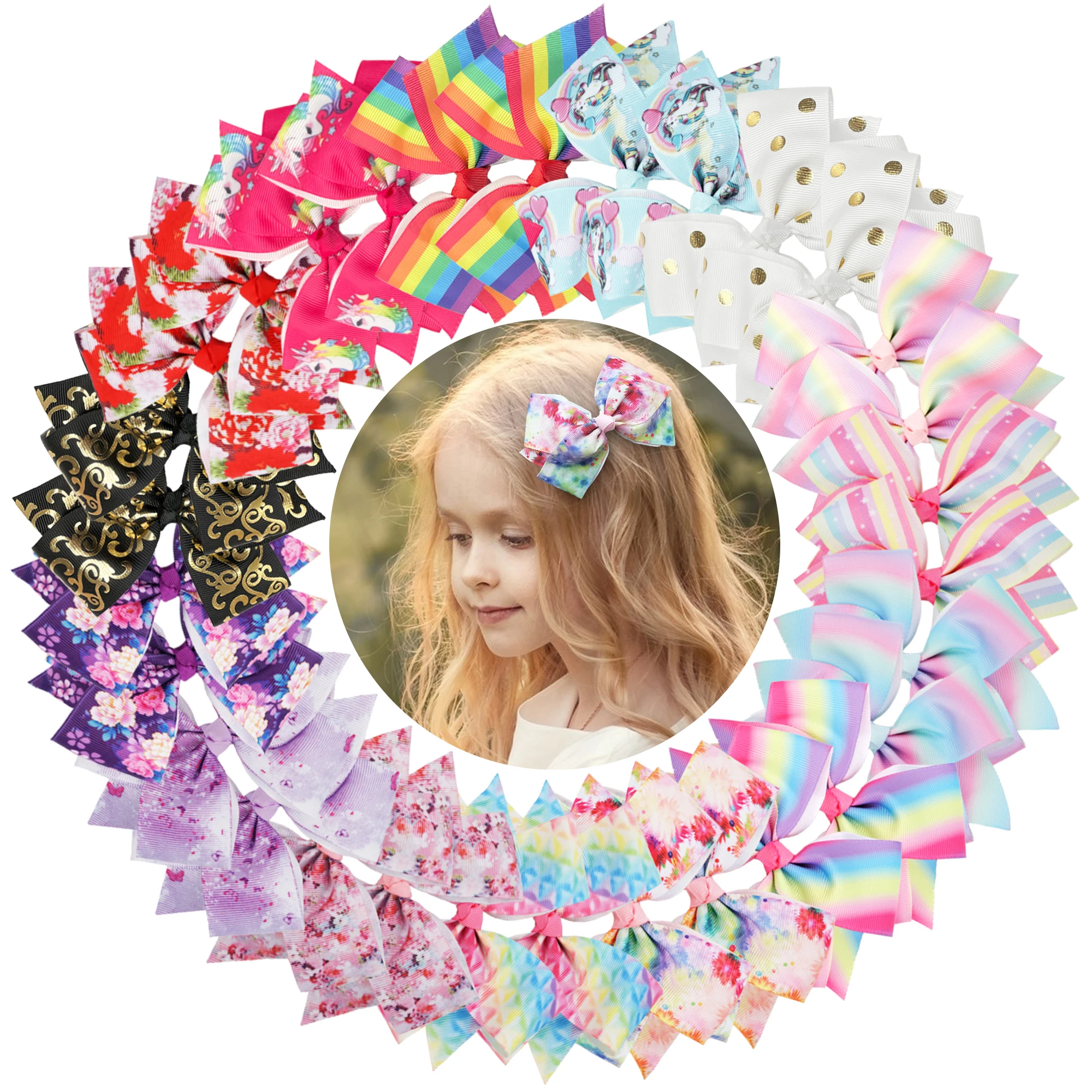 

30 Pcs 5 Inches Hair Bows for Girls,Boutique Grosgrain Ribbon Rainbow and Unicorn Bow with Clips Hair Barrettes Accessories