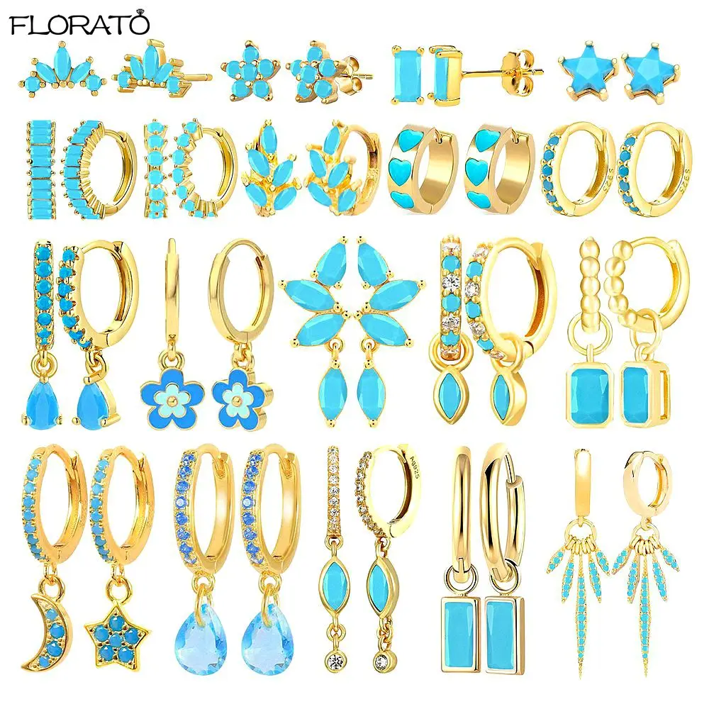 

925 Sterling Silver Needle Blue Zircon Flower Earrings Exquisite Small Pendant Hoop Earrings for Women Fashion Party Jewelry