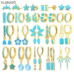 925 Sterling Silver Needle Blue Zircon Flower Earrings Exquisite Small Pendant Hoop Earrings for Women Fashion Party Jewelry