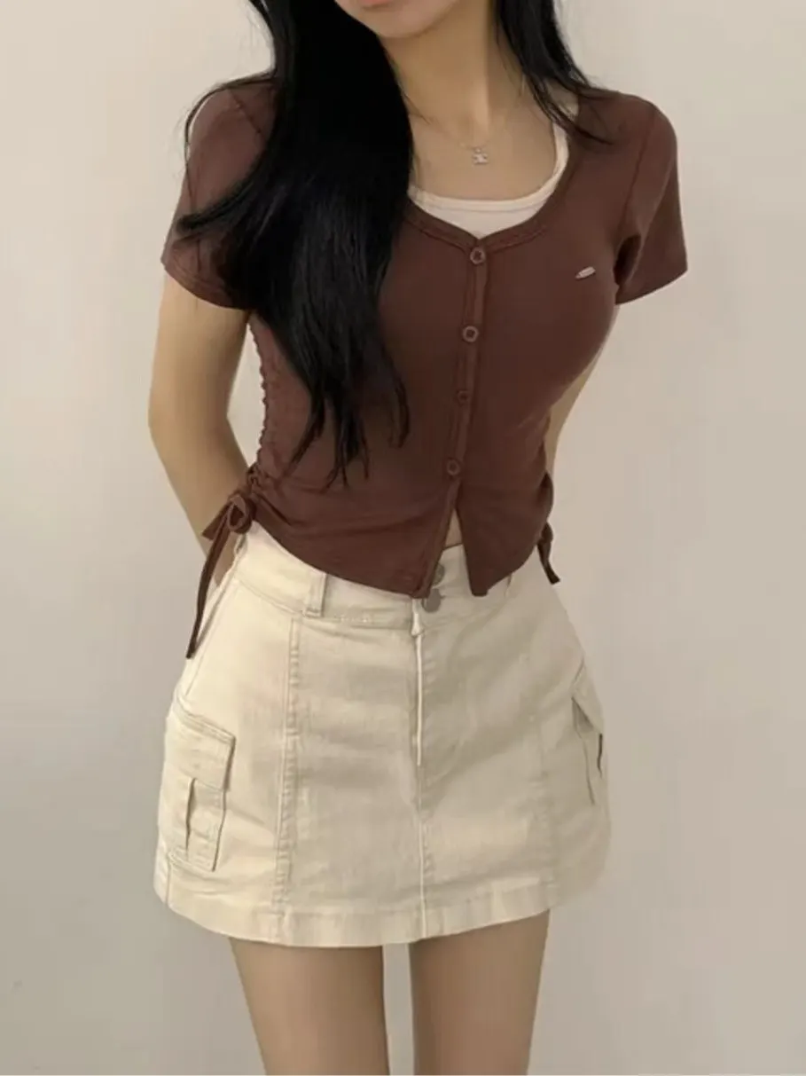 เสื้อครอปผู้หญิงดีไซน์เกาหลี สไตล์ทันสมัย ช่วยกระชับสัดส่วน รุ่น Spicy Girl Pure Desire หรือ Sve T-irt  สำหรับใส่ทำงานหรือวันสบายๆ