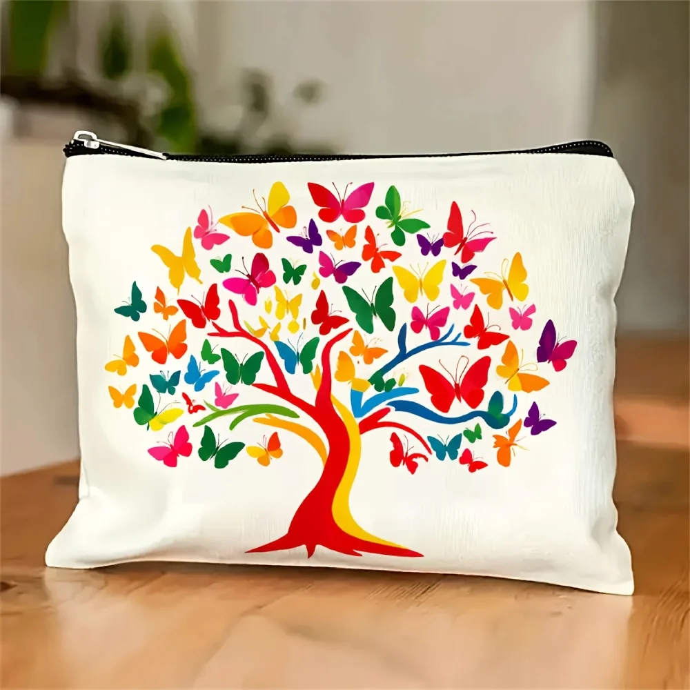 Eine Make-up-Tasche mit Regenbogenbaum-Schmetterlingsdruck – multifunktionale Reißverschlusstasche, Schmuckaufbewahrungstasche