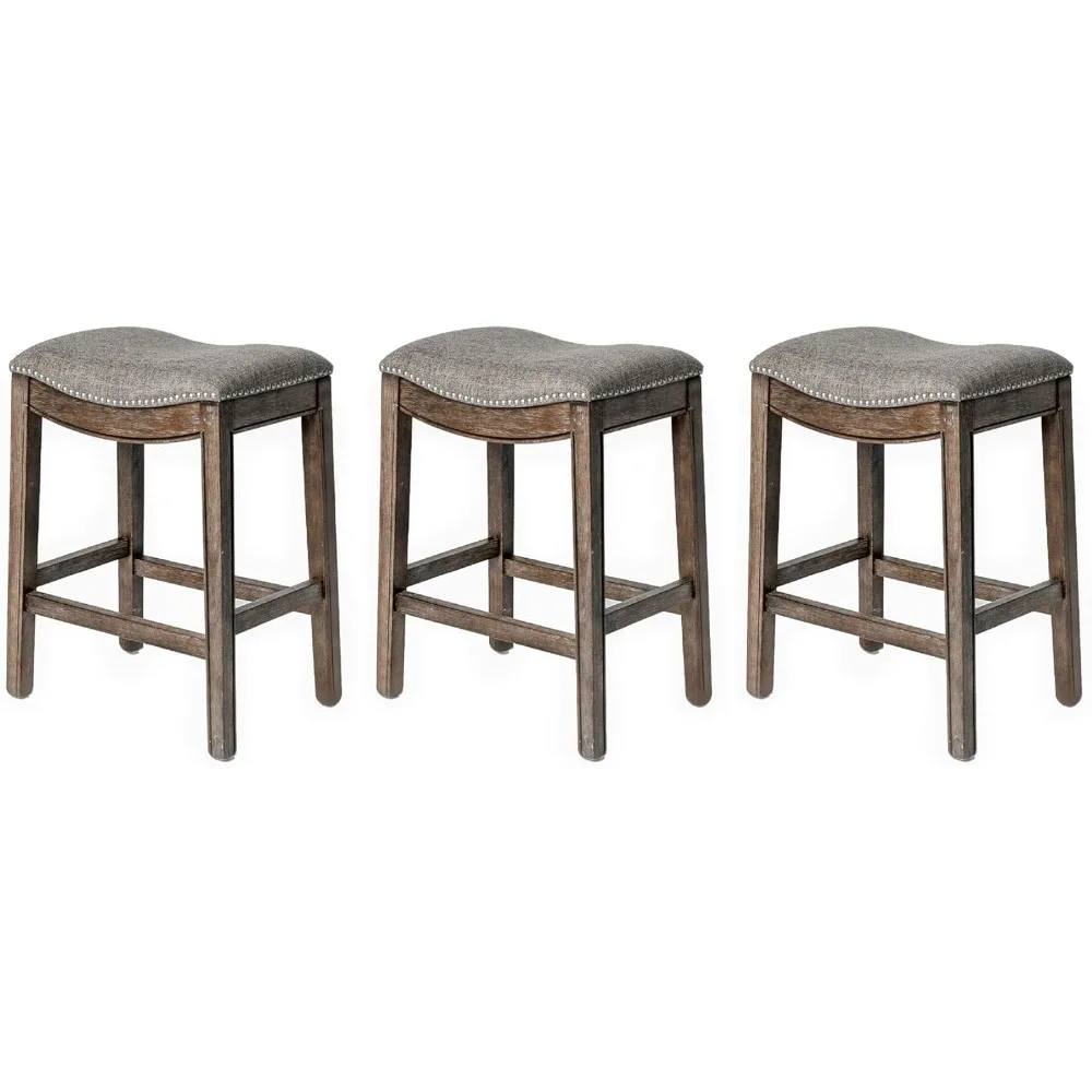 

26 Inch Counter Height Upholstered Backless Saddle Barstool in Dark Walnut Finish with Ash Grey Fabric Cushion Seat, Set of 3