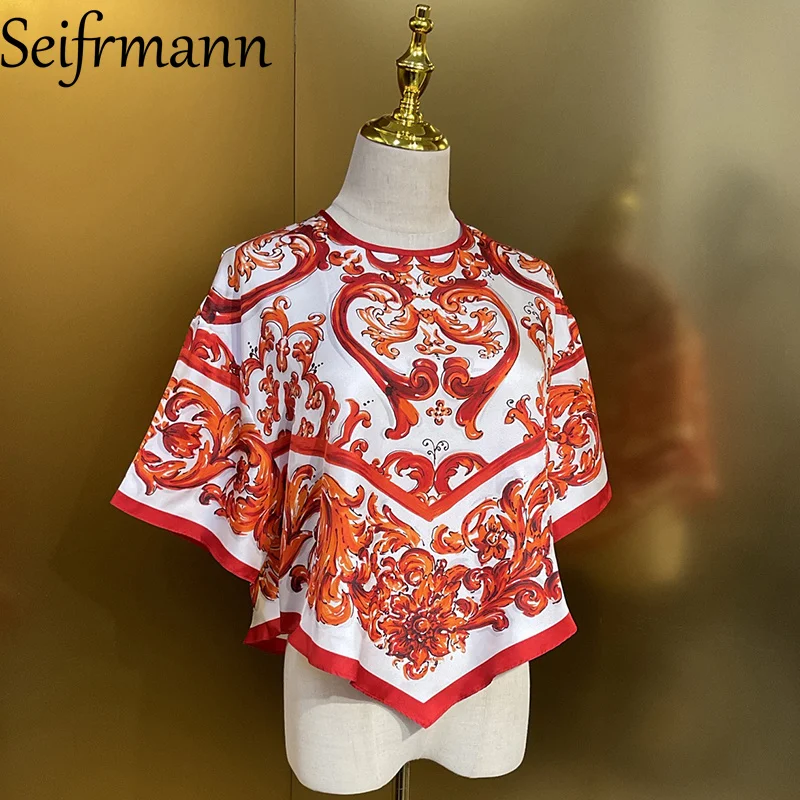 Seifrmann Casual Printed Silk Top Round Neck Short Sleeve Top 2026 Summer Fashion Women's clothing New Style