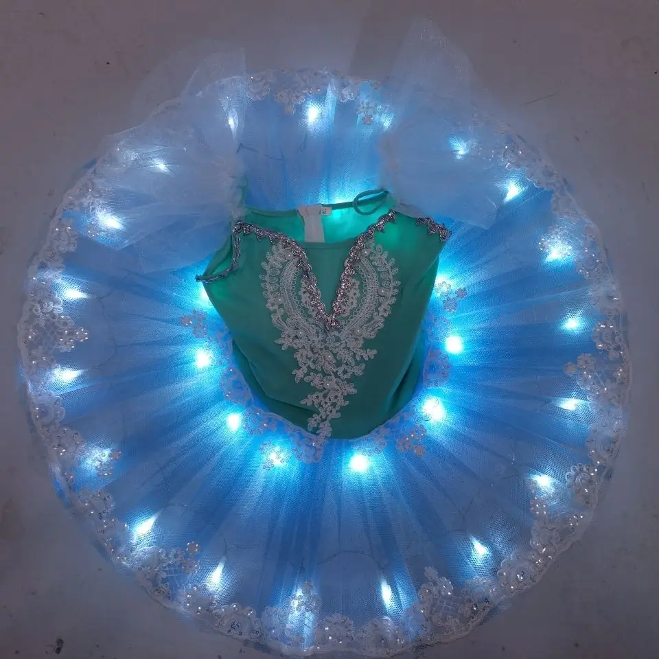 الأزرق متوهجة الباليه توتو تنورة أداء الرقص سباركلي بحيرة البجع المرحلة زي المبتدئين راقصة الباليه الزي مصباح ليد حتى Strappy #3