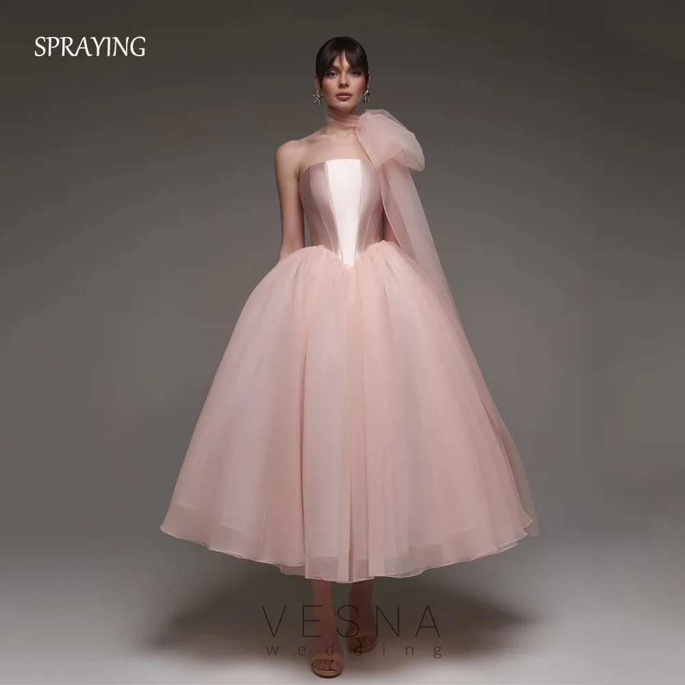 

SPRAYING Blush Pink Elegant Prom Dresses Strapless Satin Tulle Birthday Party Dress A line Ankle Length Evening Dress Customized