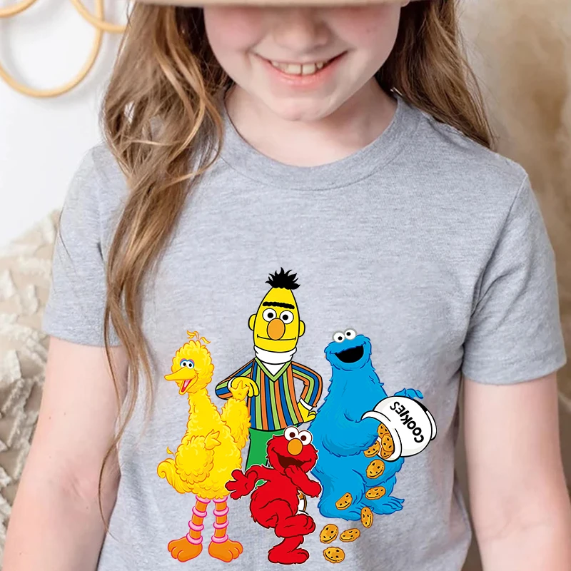 Sesame Street Printed Kids T-shirt Summer Children's Cotton Short Sleeve Gray Casual Top Suitable for Boys and Girls