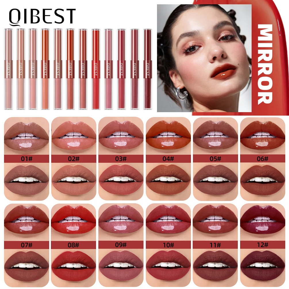 Double Head Matte Velvet Liquid Lipstick Glossy Lipstick 2 In 1 Mirror Water Lip Gloss Lasting Moisturizing Lip Glaze Makeup