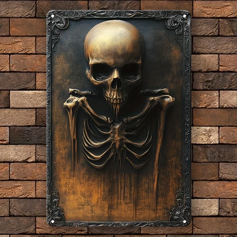

Vintage Skull Aluminum Wall Art, Antique Finish with Ornate Frame, Metal Sign for Home, Living Room, Decor, Vintage Home Decor