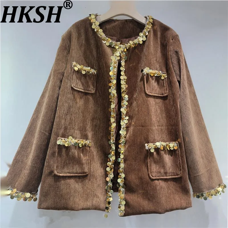 

HKSH Autumn Winter New Women Niche Design Streetwear Tide Heavy Sequin Decorated Jacket O-Neck Corduroy Spliced Ins Coat HK10176