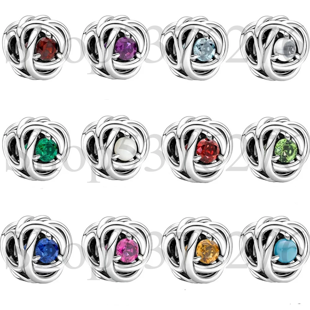 Real 925 Sterling Silver Bead Twelve Months Birthstone Eternity Circle Charm Fit Fashion Women Bracelet Bangle Gift DIY Jewelry