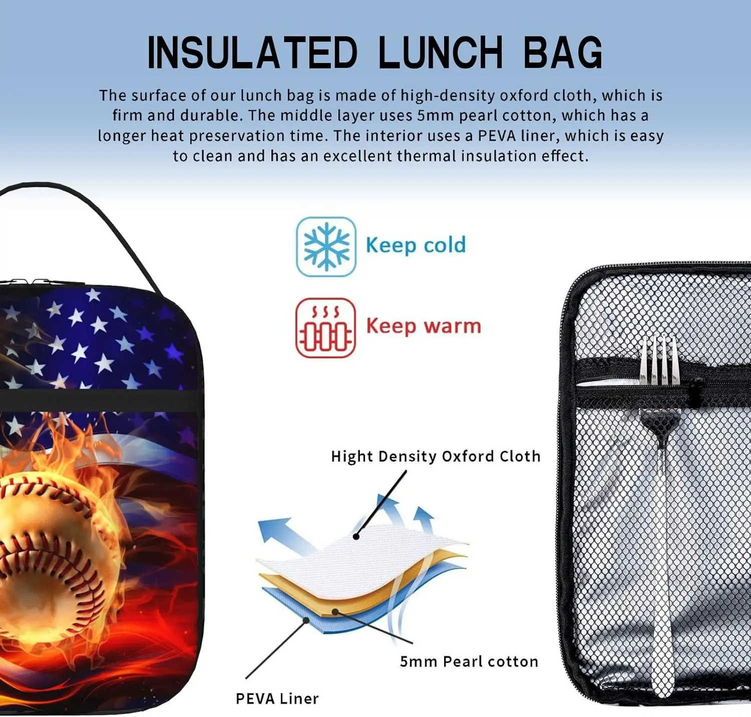 Bolsa de almuerzo con aislamiento de bandera americana de béisbol, fiambrera deportiva de béisbol Lu nch, Tote Cooler, reutilizable, Lun ch Pail, hombro ajustable