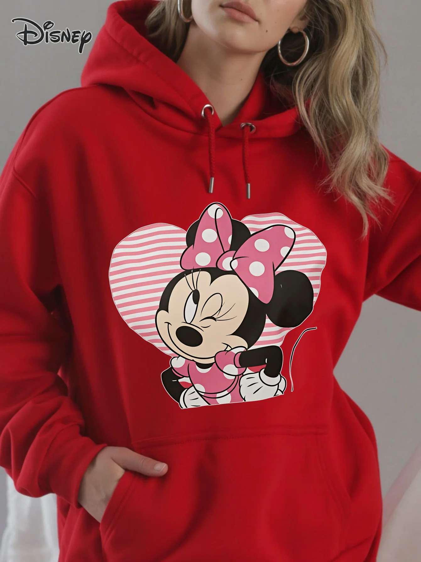 Sweat à capuche pour femme imprimé cœur Disney Minnie Mouse – Polyester confortable et respirant, coupe ample, manches longues, idéal pour un vêtement décontracté