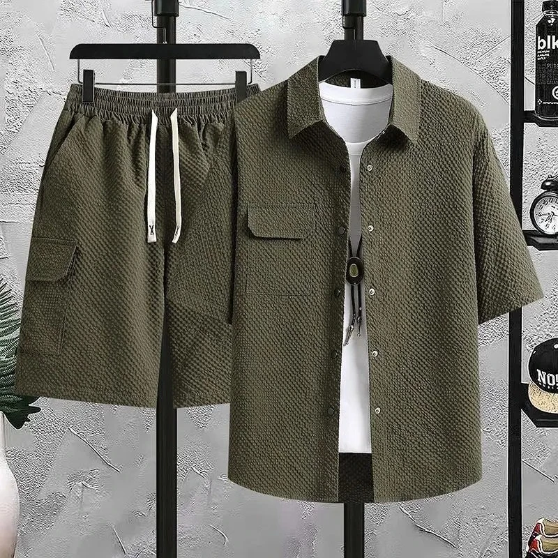 

Мужской летний комплект в гонконгском стиле: рубашка с коротким рукавом и шорты, рабочая одежда из ледяного шелка, повседневный, модный, универсальный