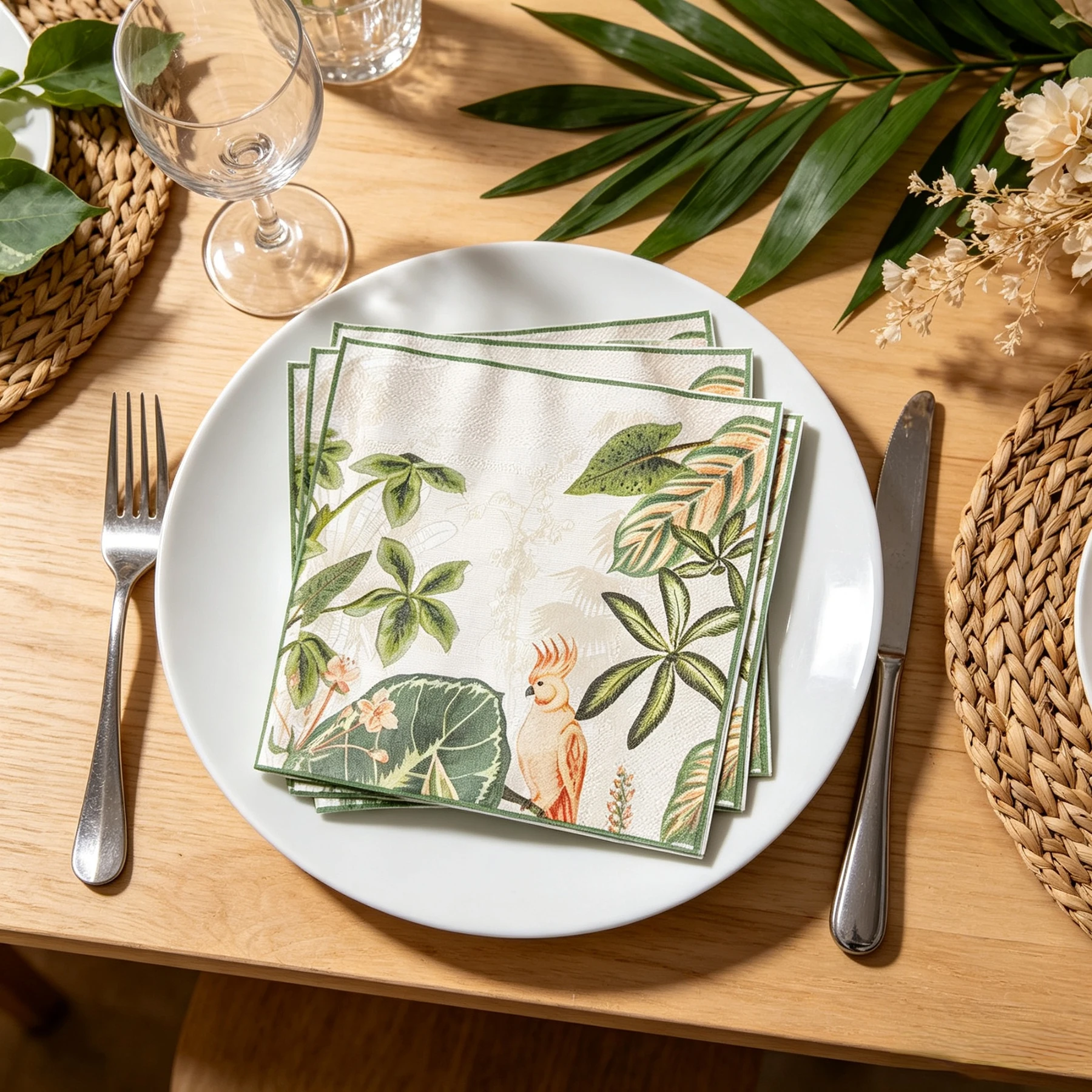 20 Count Vintage Tropical Cockatoo & Monstera Printed Paper Napkins, Afternoon Tea, Picnic, Summer Beach Party Table Decors