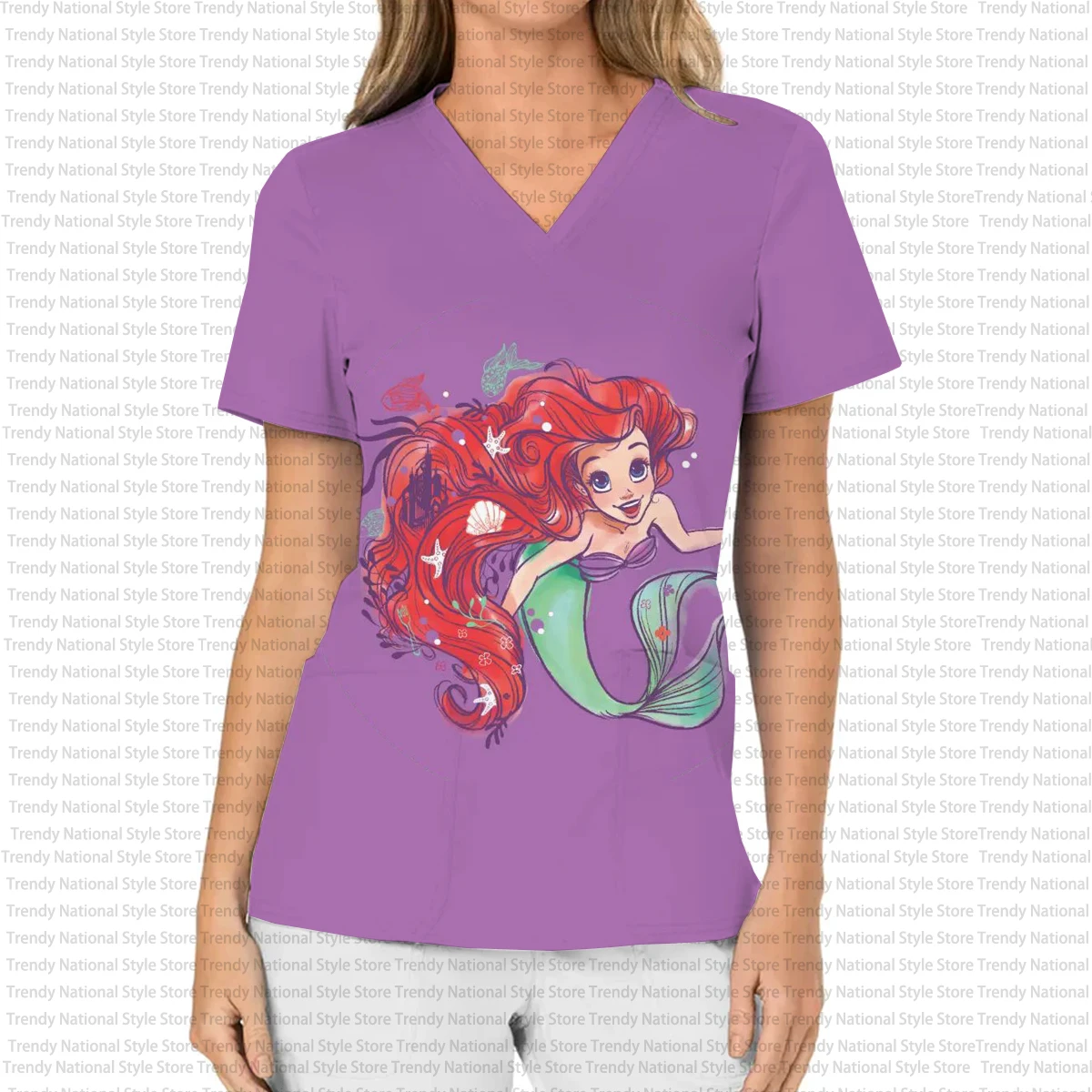 2026 Top smerigliato con scollo a V stampato uniforme da infermiera delle nuove donne, maglietta Disney Princess Sirena Alice per ospedali e negozi di animali domestici