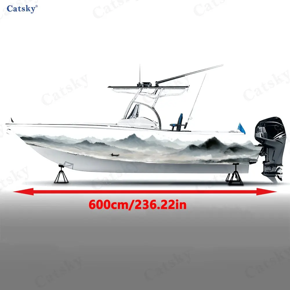 Ink Wash Misty Mountain & Lone Boat Boat Sticker, PVC Waterproof Vinyl Wrap Decals for Fishing Boats, Durable and Stylish Design