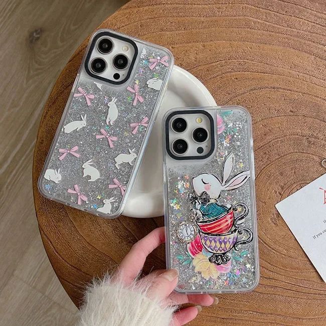 

Cute Tea Cup Rabbit Transparent Border Silver Quicksand Phone Case Cover for IPhone 12 13 14 15 Pro Max Case for IPhone 15 Pro