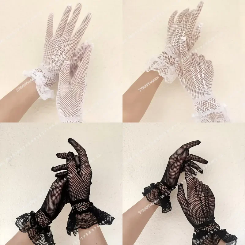Women Black White Summer UV Proof Driving Gloves Thin Fishnet Mesh Fashion Ruffle Full Finger Lace for Female
