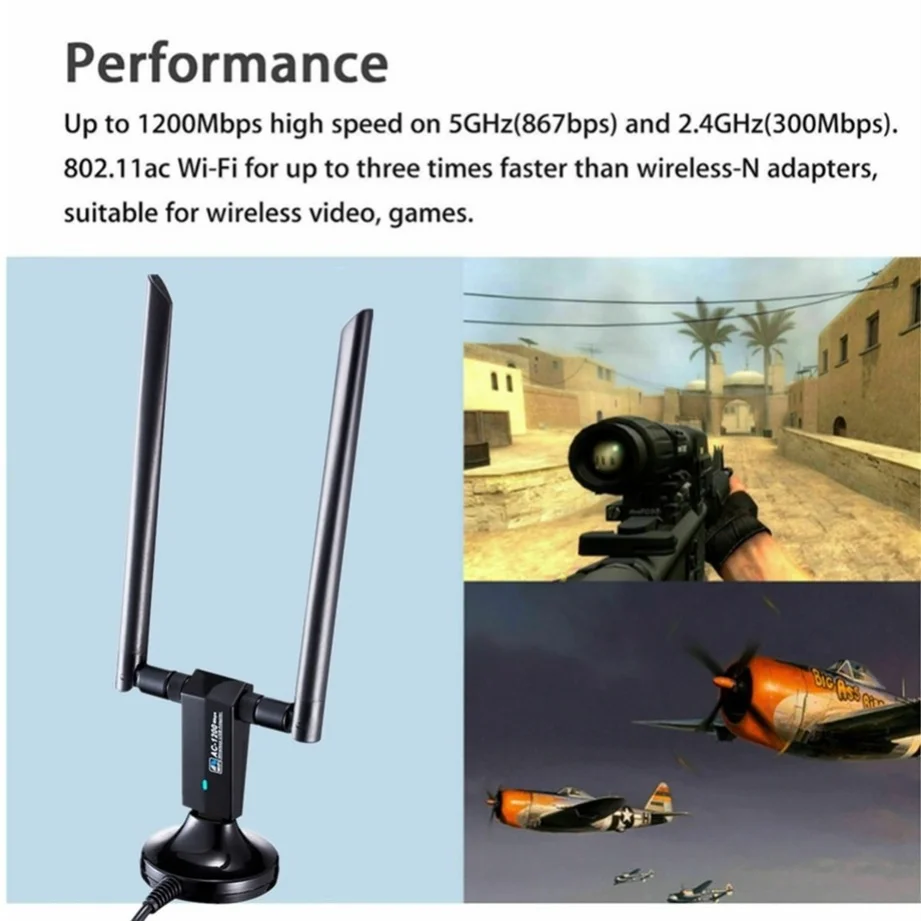 Grwibeou Wireless Network Card 1200Mbps Long Range AC1200 Dual Band 2.4G+5G Wireless USB 3.0 WiFi Adapter 802.11ac WIFI Antennas