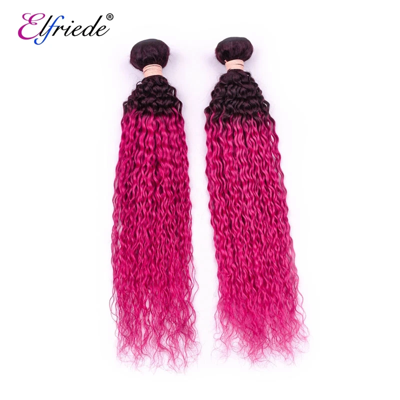 Elfriade-mechones de pelo rizado con cierre, extensiones de cabello humano 100%, Color ombré, Color rojo rosa, 3 mechones con cierre de encaje, 4x4, # T1B