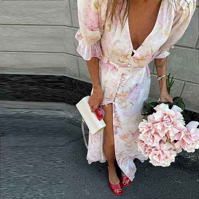 Elegant Floral Ruffle Dress, Spring Summer Women's Dresses, Fashion Print Midi Dress, Evening Dress
