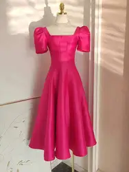 JAMERARY Summer Women Dress Long French Hepburn Style Fashion Party Elegant Square Collar Short Sleeve Midi Vestidos Party Robe
