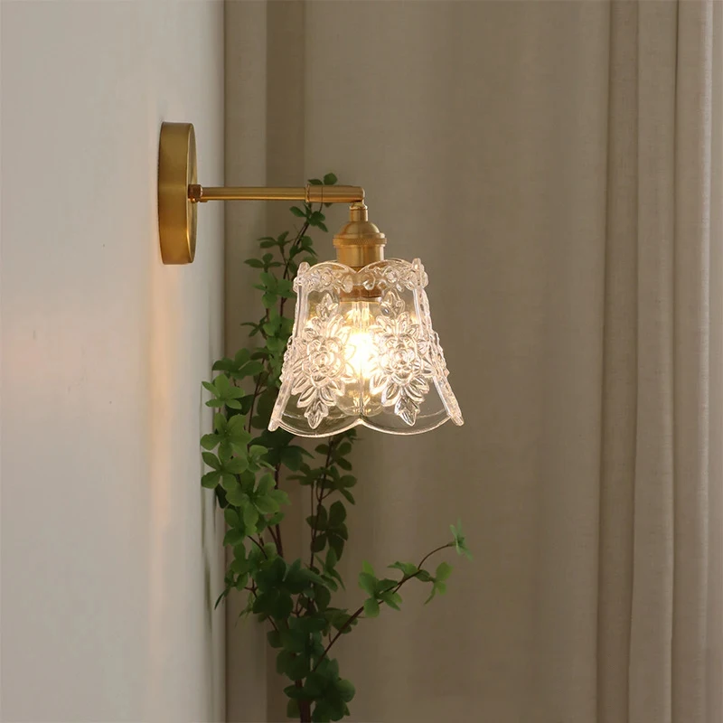 Brass Base Wall Sconce with Textured Glass Shade, Vintage Flower Glass Wall Lamp for Bedroom Bathroom