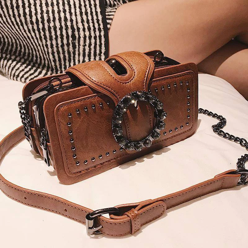 Vintage Round Rhinestone Buckle Shoulder Bag,Fashion Punk Design Top-handle Crossbody Bag, Popular Rivets Decor Purse For Women