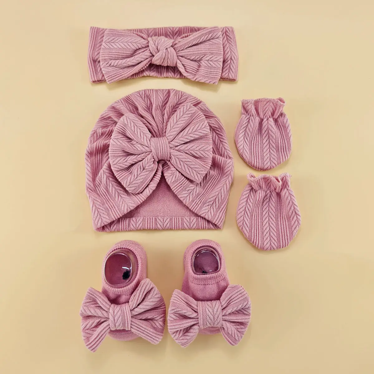 

4pcs/set Newborn baby hat with headband gloves socks set Infant Felt Cute Bow Headwraps Baby Gloves Socks 0-6M Beanies