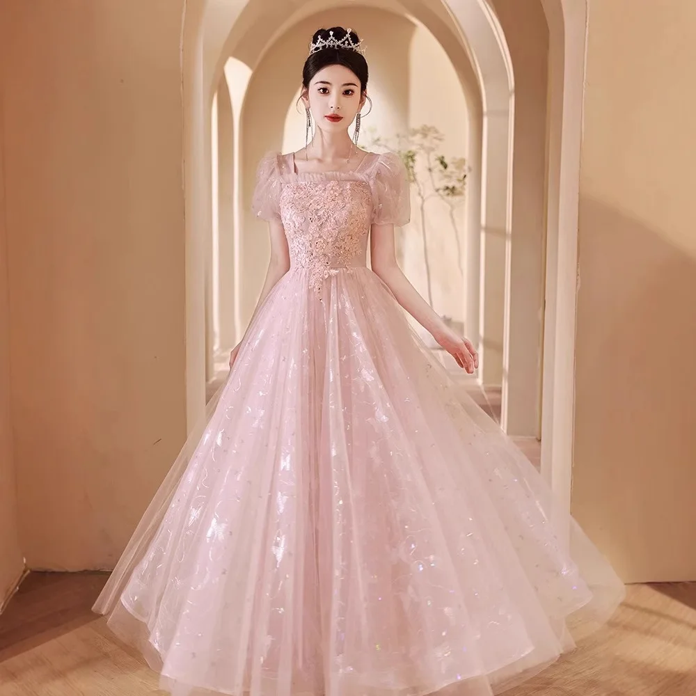 

Вечернее платье во французском стиле для женщин, легкие роскошные аппликации, платья для выпускного вечера с короткими рукавами, элегантные розовые вечерние платья с квадратным вырезом